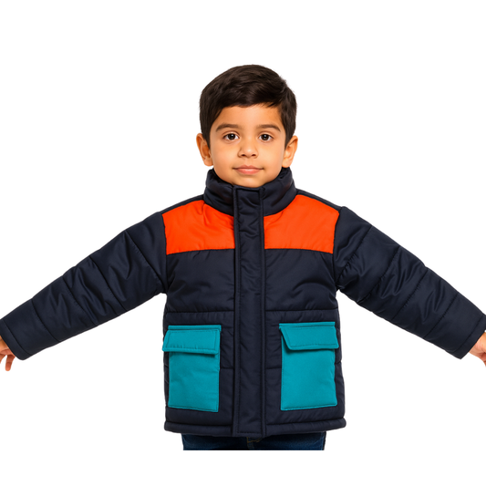 Unisex Full Sleeve Puffer Jacket-Navy/Orange/Teal