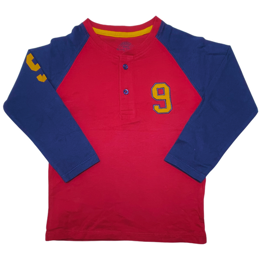 Red and blue long-sleeve shirt with number 9 on a white background